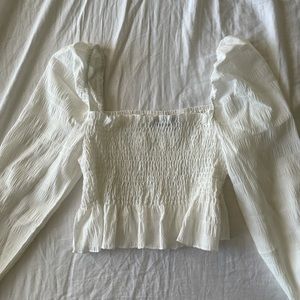 white peasant top puffy sleeves crop top - Shien